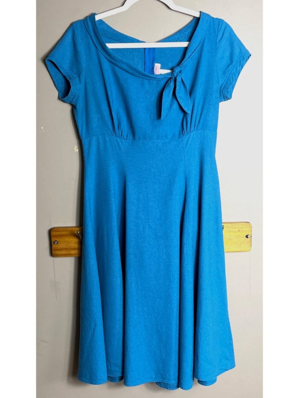 Vtg Heartbreaker Linen Blend Dress Fit Flare Empire Retro Blue Pin Up Midi Wom M - Picture 4 of 9
